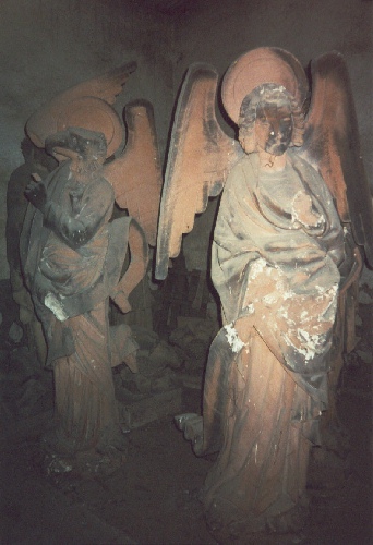 Set of statues from Strasbourg Cathedral being restored inside Fortress Bridge in Strasbourg, photograph by  C. W. Booth