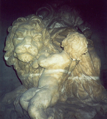 Statue from exterior of the Cathedral in Strasbourg being restored at the Fortress Bridge, photograph by C. W. Booth